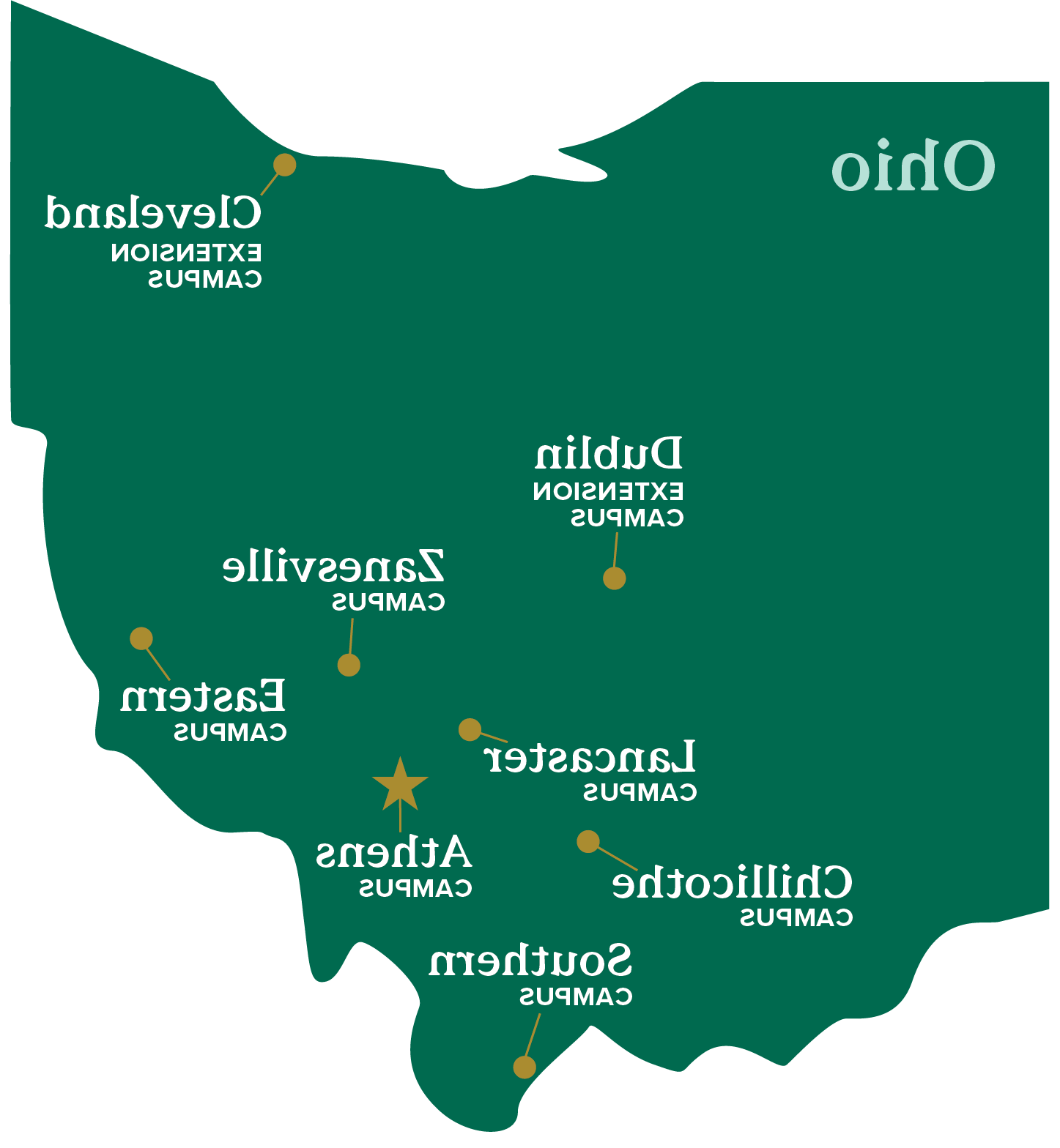 map of the state of Ohio with indicators for each bet8九州登录入口 campus