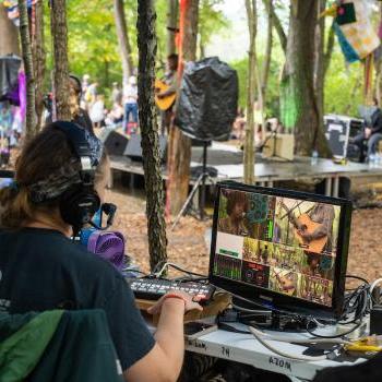 Students work on recording equipment backstage during the 2022 Nelsonville Music Festival